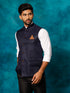 Vastramay Men's Navy Blue Woven Nehru Jacket